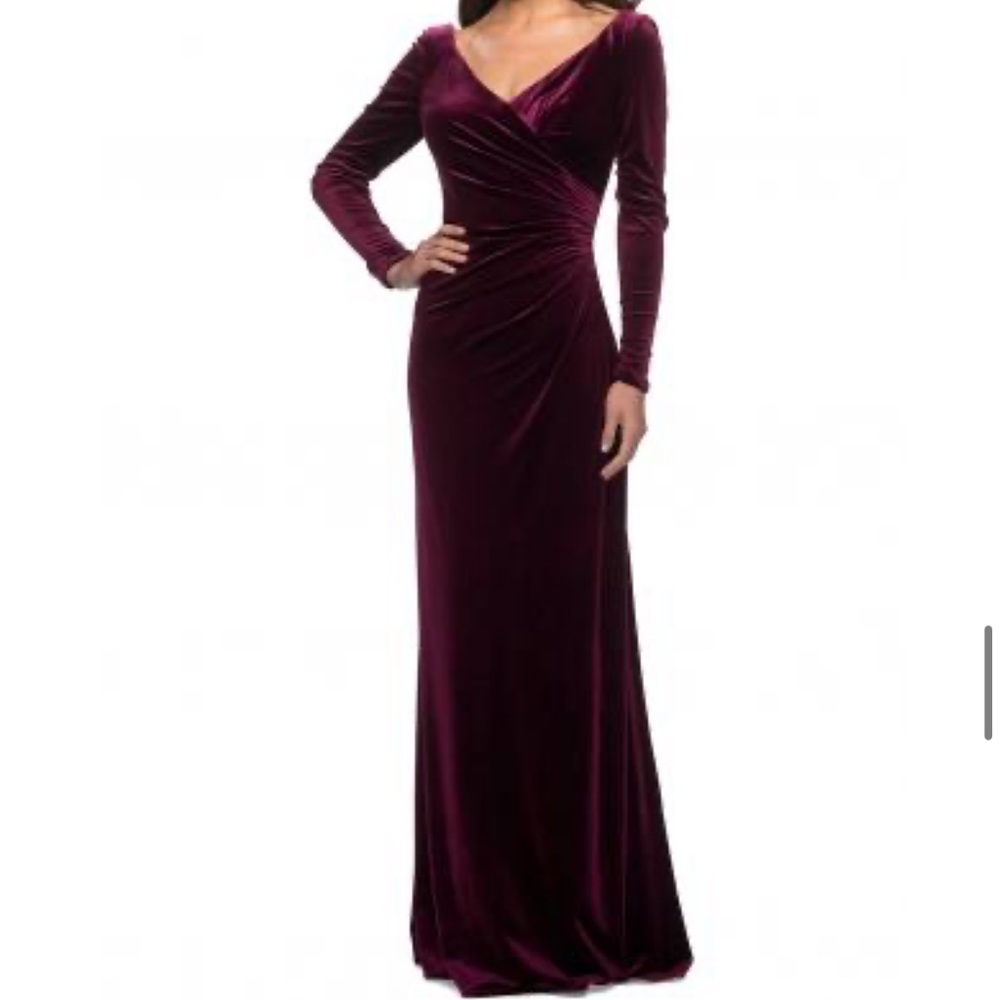 La Femme burgundy velvet long sleeve gown